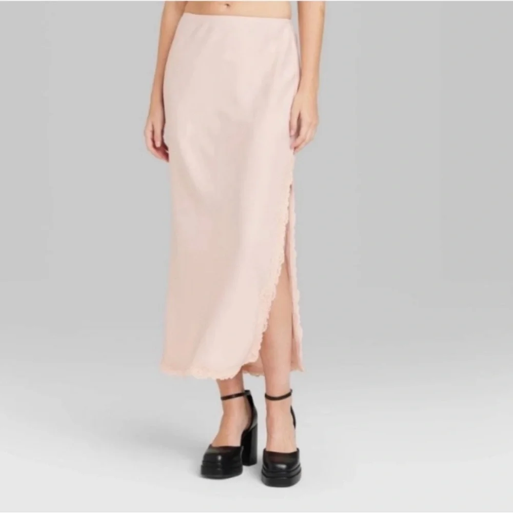 Wild Fable Pink Satin Lace Maxi Skirt Y2K size Large